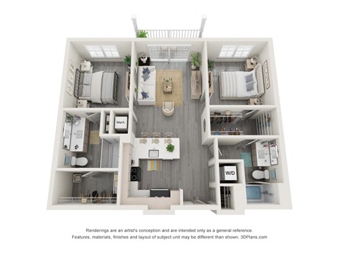 Floor plan for 2 beds, 2 baths, 1031 sqft